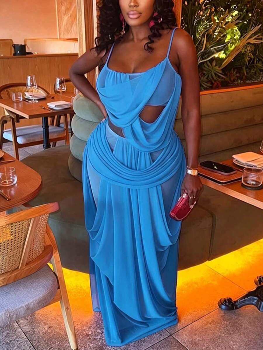 DOUCIU 2pcs Set Draped Design Sheer Sexy Cami Top + Maxi Skirt Nightclub Style - Blue - View 1