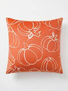 1pc Autumn Thanksgiving Minimalist Pumpkin Throw Pillow Cover, Orange Velvet With White Line Drawn Pumpkin Pattern Square Decor Cushion Case For Living Room Sofa Bed Holiday Party, Pillow Insert Not Included - Brown - View 7