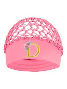 Floral Embroidered Letter Mesh Cap For Women - Personalized Initial Alphabet Elastic Wide Band Hair Bonnet, Crochet Hollow Out Night Sleep Hat - Pink - View 15
