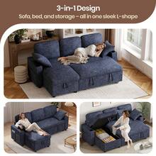 Corner Sofa Bed, L-Shaped Sleeper Sectional Couch Bed, 3 In 1 Chenille Convertible Pull Out Sofa Bed With Storage Chaise And Cup Holder For Living Room, Grey - Chenille Dark Blue - 3-seater - View 6