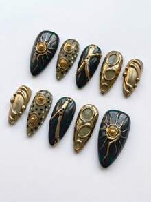 10 PCS Handmade Halloween Medium Almond Acrylic Press On Nails, 3D Gold Sun & Vintage Metal French Tip, Removable Reusable Nail Supplies Set (Jelly Glue & Nail File Incl.) - Dark Green - View 4