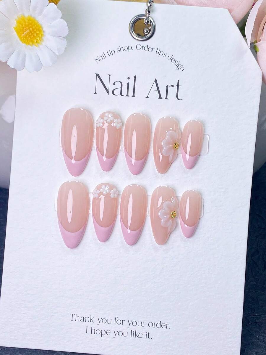 10 piezas de uñas postizas hechas a mano, uñas falsas, uñas de verano, uñas con puntas francesas rosa suave, decoradas con racimos de pequeñas cuentas de perlas blancas y tachuelas de flores blancas translúcidas 3D con centros dorados en miniatura, para citas y ocasiones de boda nupcial. - Rosa - Ver 1