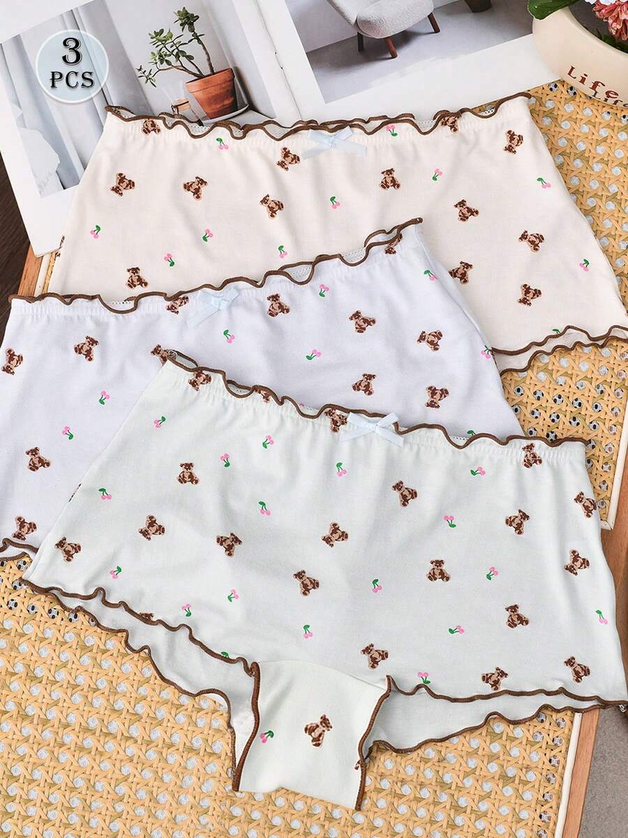 3pcs/Pack Women's Comfortable Soft Knitted Fabric Cute Print Frill Trim Mid-Waist Hipster Panties - Multicolor - View 1