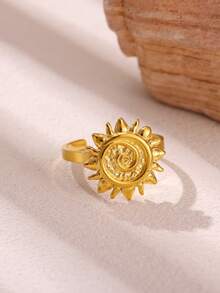 不鏽鋼金屬太陽形開口戒指，女款復古金色向日葵可調節手指戒指飾品配件 - JZ9577 - 查看 10