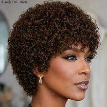 AMECIRE Curly Wig Brown Wig Short Hair Wig Human Hair Wigs Pixie Cut Wig Women's Curly Wig Elastic Mesh Cap Suitable For Everyday Wear And Holidays - S4 - View 5