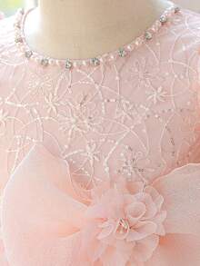Young Girls Puff Sleeve Faux Pearl Rhinestone Sequin Embroidered 3D Flower Satin Starry Tulle Flower Girl Dress, Headband Not Included - Baby Pink - View 8
