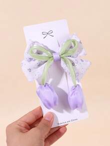 2pcs Pink Tulip Girl Bow Hair Clips, Satin Wavy Lace Edge Bow Hair Clips, Cute Flower Hair Accessories, Suitable For Daily Party Children Hair Accessories - Purple - View 5