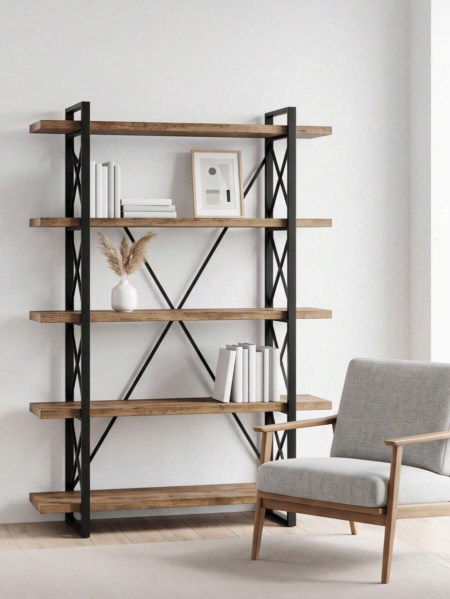 Super life Five-Tier Bookshelf, Steel Frame Bookcase, Storage Shelf, Suitable For Living Room, Bedroom, Office, Study, Industrial Style. - Multicolor - View 1