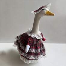 Christmas Goose Outfit For 23 Porch Goose Statue Plaid Print Lace Trim Dress With Attached Apple And Matching Hat Set - Multicolor - View 5