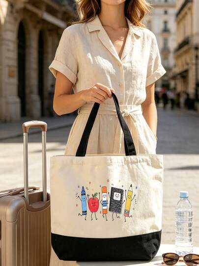 Cartoon Apple Canvas Tote Bag Set, Teacher Gift Large Capacity Classroom Handbag, Student School Bag, Cute Pencil Print, Commute, Bag With Small Coin Purse, Large Capacity Tote Bag Can Hold Laptop, Books, Makeup Bag Storage, Travel Tote Bag, Foldable Shoulder Handbag, Summer Essential Travel Bag, Suitable For Beach Trips, Pool Days, Shopping And Daily Use, Perfect Gift For Mother's Day, Graduation Season, Back To School, Teacher's Day, Easter, Christmas