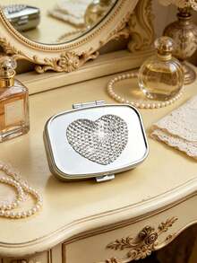 Shiny Rhinestone Pill Box, Fashion Heart-Shaped Rhinestone Pill Box, Mini Compartment Pill Box, Travel Pill Box Container, Moisture-Proof Small Pill Box, Suitable For Daily/Outdoor/Travel, Suitable For People Who Care About Health And Use Anytime Anywhere, Unique Back To School Gift, Holiday Gift, Birthday Gift, Party Gift - Multicolor - View 3