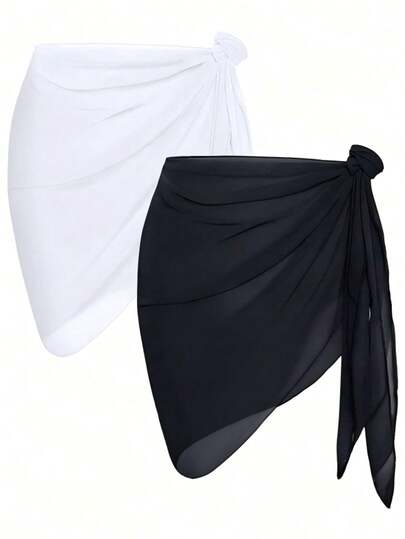 Conjunto de 2 peças/1 peça de saia-wrap transparente para traje de banho feminino em preto e branco, conjunto de praia e biquíni, adequado para viagens à praia