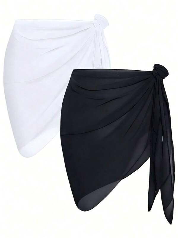 Ensemble 2 pièces/1 pièce de paréo de plage noir & blanc pour femme, jupe enveloppante transparente pour bikini, tenue de bain, convient pour les voyages à la plage