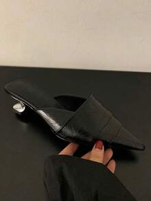 2026 Spring/Summer French Style Satin High Heel Mules, Pointed Toe Rhinestone Decor Slip-On Sandals, Pink,Kitten Heels - Black - View 3