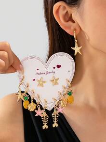 6Pairs Assorted Stackable Earring Pack, Gold C-Hoop Dangle Earrings With Enamel Fish & Marine Animal Pendant, Women's Summer Daily Sweet Accessories - Pink Flowers - View 10