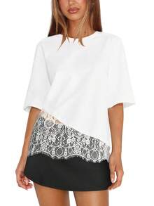 Summer Hot-Selling Women's Y2K Lace Patchwork Asymmetrical Hem Round Neck Casual Versatile Top Sexy Style - Off White - View 3