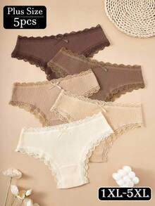 5 piezas Bragas para mujer talla grande, diseño con lazo, ribete de encaje, acanaladas, cómodas y suaves, de alta calidad en tonos tierra - Multicolor - Ver 4