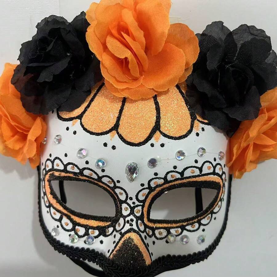 1pc Sugar Skull Mask For Day Of The Dead, Decorated With Orange And Black Artificial Roses, Glitter And Rhinestones, Half Face Mask For Halloween Costume Party, Mexican Day Of The Dead Women's Party Accessory