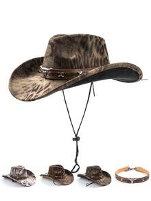 1pc Women's Original Fashionable Leopard Print Rivet Cowhide Belt Vintage Windproof Wide Brim Hat, Unisex European And American Style Western Cowboy Hat, Fashionable Minimalist Versatile Jazz Hat, Suitable For Daily Wear, Party, Western Theme Event, Gathering, Role Play, Graduation Ceremony, Costume Party, Festival, Birthday Celebration, Concert (Hat Chain Can Be Matched Individually) - Top Hat 1 - View 13