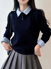 女款 2-in-1 Polo領內搭毛衣，短版寬鬆針織上衣，休閒慵懶風，秋冬款 - 藏蓝色 - 查看 3
