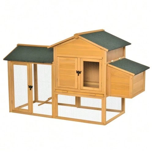 Shed For Dwarf Chickens With Run And Nesting Box, Fir Wood, Yellow/Green, 168x75x103 Cm, Ideal For Dwarf Chickens. - 查看 1