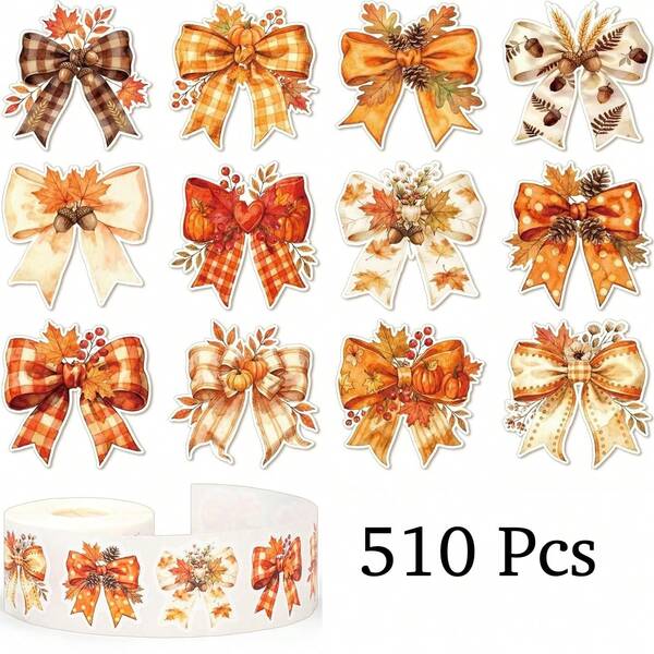510 Peças Rolo de Adesivos de Laço de Abóbora Laranja, Folhas Xadrez, Laço Autoadesivo para Decoração de Scrapbook, Diário e Envelope de Ação de Graças e Outono