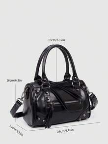Women's Black Glossy PU Boston Tote Bag, Metal Rivet Decor, Dual Handle Design, Top Handle And Detachable Crossbody Strap - Black - View 5