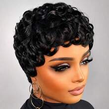 AMECIRE Short Curly Pixie Cut Wig For Women Real Human Hair Wigs Pixie Cut Wig Short Layered Brazilian Human Hair Wigs For Daily Use - Natural Black - View 4