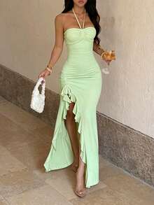 Halter Neck Ruffle Hem Slit Solid Color Elegant Sexy Summer Dress For Women - Green - View 4