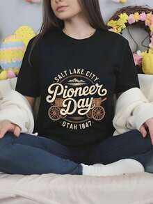 Women Casual Crew Neck Short Sleeve T-Shirt, Salt Lake City Pioneer Day Utah 1847 Vintage Wagon Mountain Graphic Basic Black Teesoft - Schwarz 9 - Übersicht 7