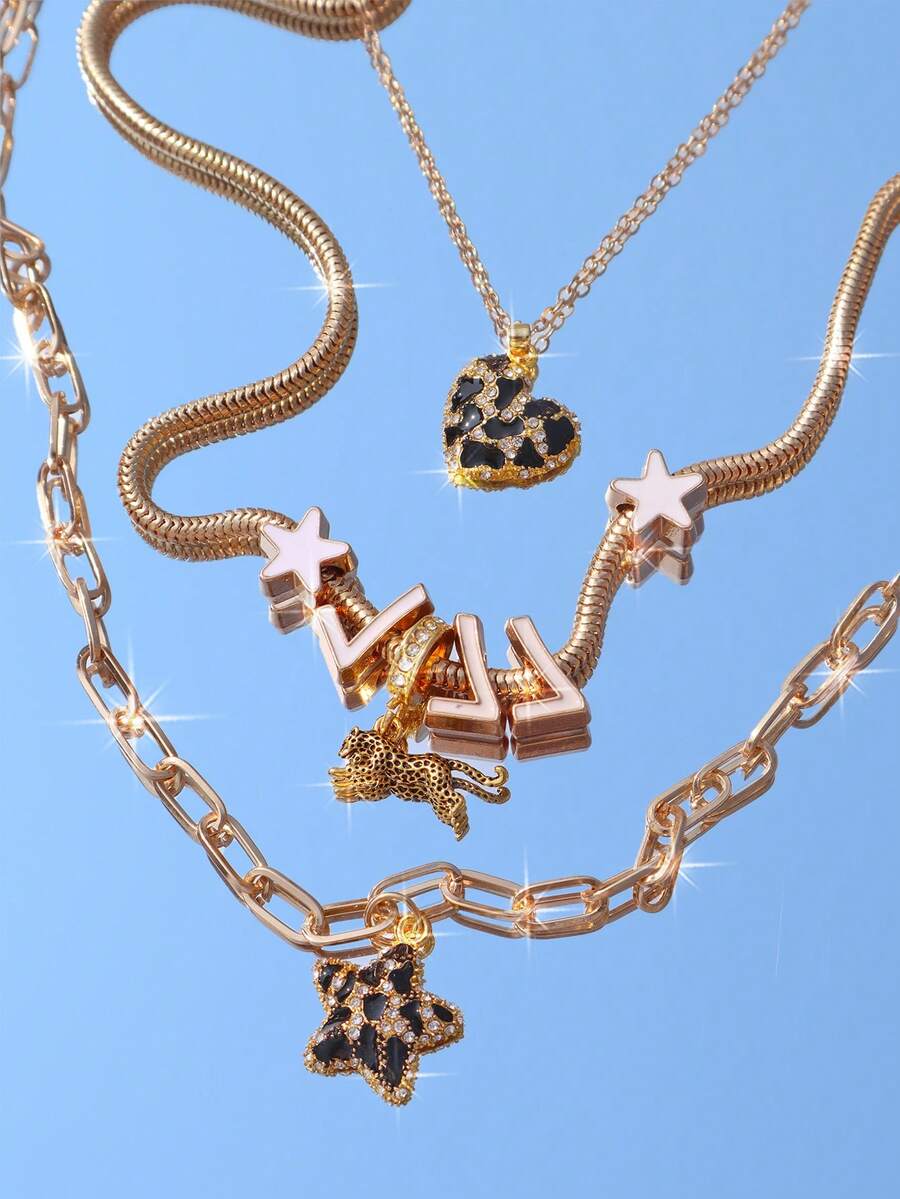 Leopard Print Star Heart Charm Necklace Set 3pcs Lucky Number 777 Necklace Set Star Girl Necklace