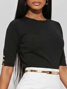 Women's Crew Neck Snap Button Sleeve Knit Top Casual Half Sleeve Sweater Blouse - Black - View 4