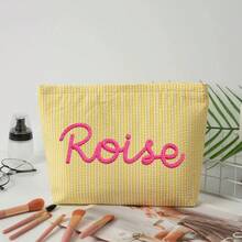 Custom Seersucker Makeup Bag & Travel Pouch - Personalized Chenille Name Toiletry Bag & Summer Beach Tote - 4yellow Rose Red - View 12