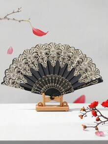 Lace Floral Pattern Folding Hand Fan, Hollow Carved Fan Bone Decorative Fan, Suitable For Wedding, Dance, Cosplay, Daily Cooling - Multicolor - View 3
