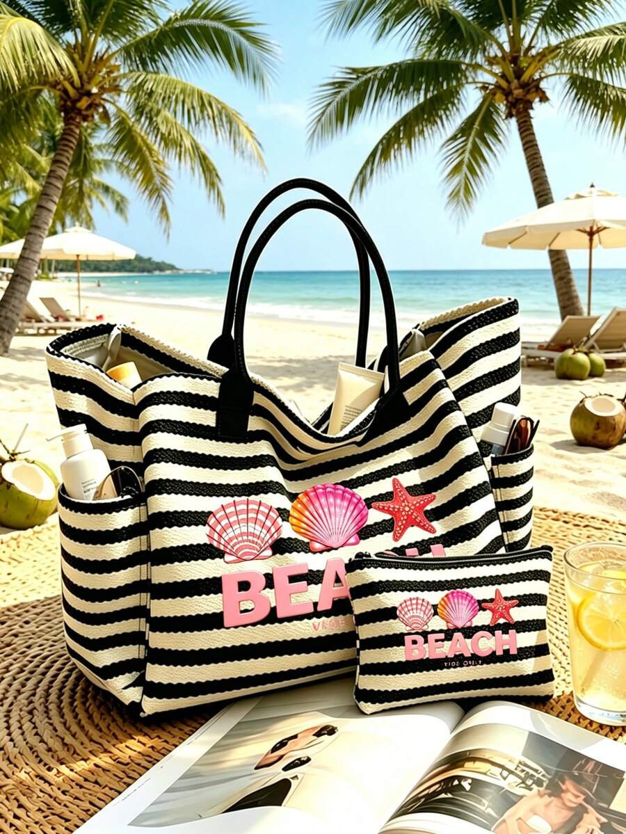 1/2件組條紋托特包與化妝包套裝,印花「Beach」圖案,適合度假、旅行、通勤、購物,送給家人與朋友的禮物 - 彩色 - 查看 1