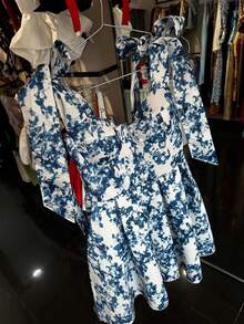 Elio Closet 女士夏季浪漫下午茶派对蓝白花卉印花系腰短裙，复古植物印花飘逸中长连衣裙，适合春日下午茶，优雅度假装。 - 彩色 - 查看 10