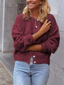 Sylvia Women's Autumn/Winter Solid Color Minimalist Basic Button-Up Round Neck Slimming Loose Knit Cardigan, Gentle Daily Commute - Burgundy - View 4