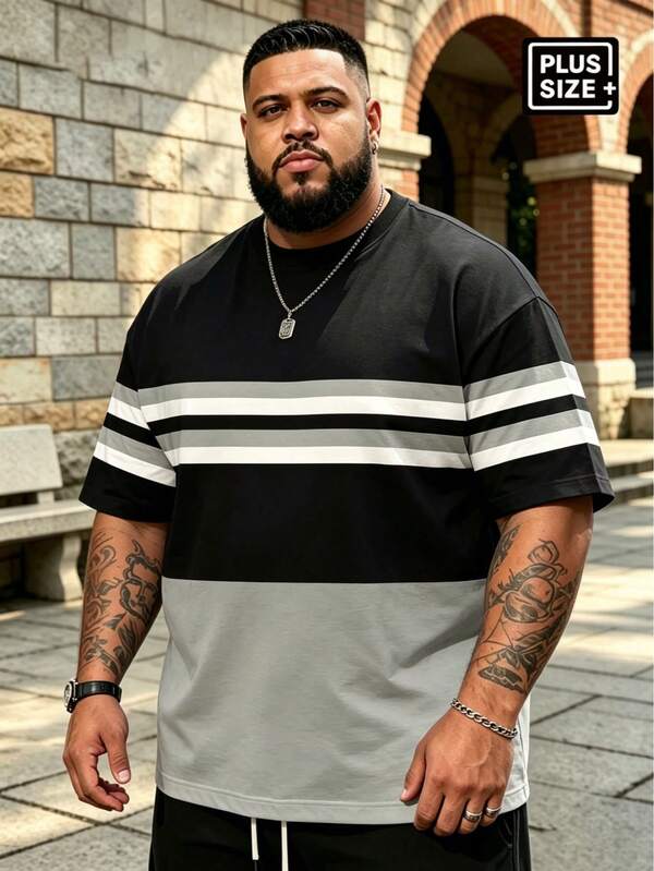 Plus Size Men's Black & Gray Three-Section Color Block Layered Horizontal Stripe Crew Neck Short Sleeve T-Shirt, Plus Size Men's T-Shirt Sports Summer