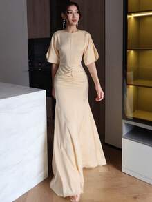 Old Money Satin Round Neck Split Short Sleeve Ruched Waist Mermaid Maxi Dress Elegant Wedding Guest Formal Evening Gown - Apricot - View 2