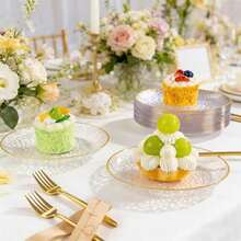 50pcs/Transparent Gold Rim Round Hammered Texture Plates.Large Plate 10.25 Inch.Small Plate 7.5 Inch,Reusable And Easy To Clean Cute Tableware.Perfect For Weddings And Birthday Parties,Family Gatherings,Outdoor Team Building,General Use,School,Back To School Supplies,School Parties - Transparent - View 7