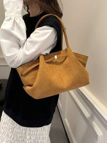 Dedoo 1件仿麂皮托特包，大容量純色女款手提包，成熟優雅風格，復古通勤包 - 棕色 - 查看 7