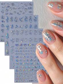 12Pcs Holographic Silver Butterfly & Snake Nail Stickers, Laser Metallic Rose Moon Star Butterfly Tiny Star Glitter Self-Adhesive Nail Decals, For Galaxy & Space Themed Manicure Accessories DIY Nail Art Supplies, Shiny Nail Decorations - Multicolor - View 6