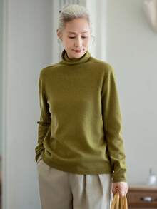 女款時尚橄欖綠高領毛衣，舒適休閒針織上衣，適合萬聖節、感恩節、聖誕節、秋冬穿搭 - 芥末黃 - 查看 3