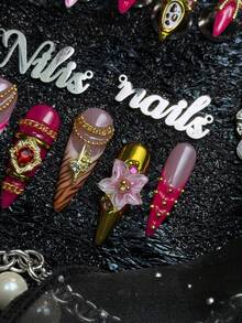 10pcs Handmade Fully Covered Stiletto Nails Press On Nails, Hot Pink Nails, Y2K Sweet And Spicy Retro Baroque Style,Four Sizes To Choose From, Suitable For Dance, Daily Wear, Girl Party, Cosplay, Reusable, With Nail Glue Sticker And Nail File - Hot Pink - View 7