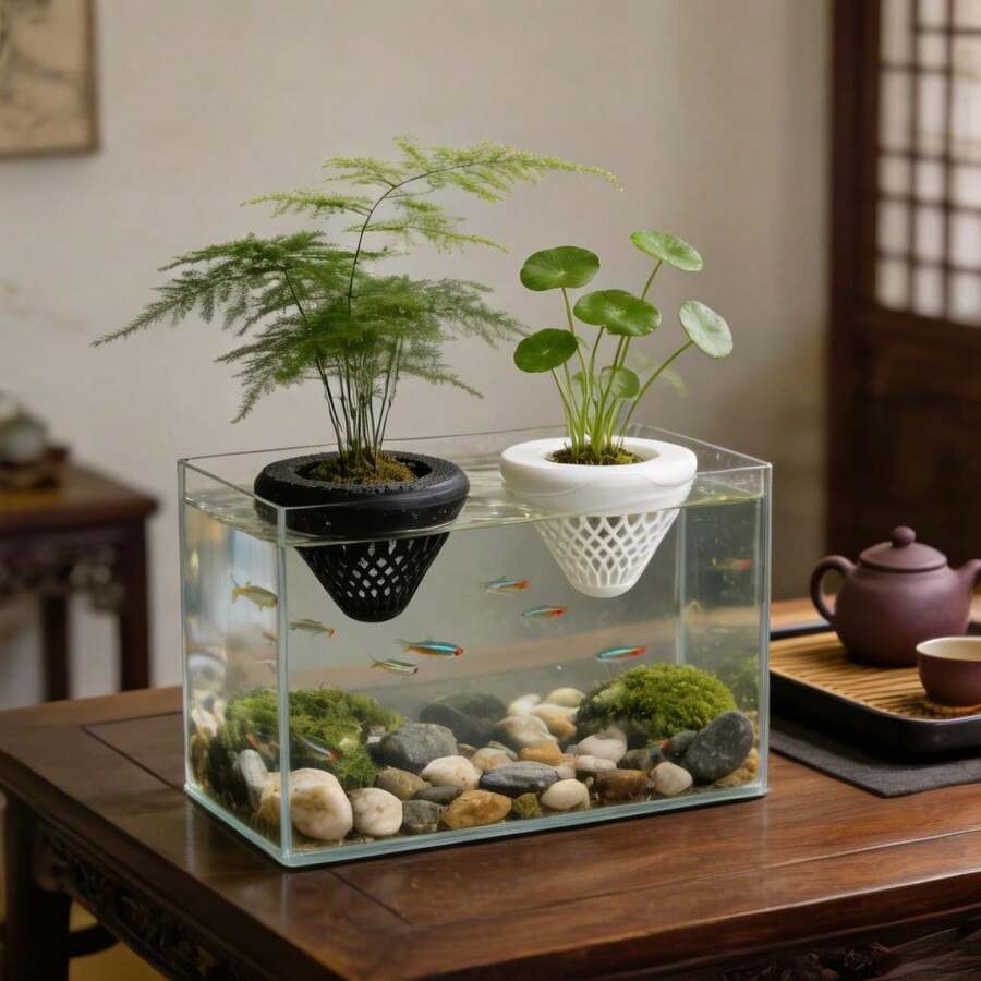 1pc Floating Aquarium Plant Pot, Suitable For Fish Tank Decoration, Hanging Grid Cone-Shaped Planting Pot, Lightweight Hanging Aquatic Plant Decor, Fish Tank And Aquarium Accessories - Multicolor - View 1