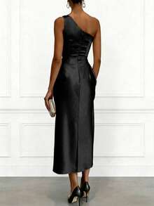 Women's Summer Evening Midi Dress, Elegant One-Shoulder Ruched Slim Fit, Satin Fabric, Sleeveless, Champagne Black Blue, Draped Luxury Style - Black - View 6