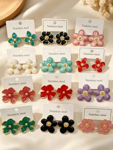 24/18/12pcs Classic Colorful Enamel Stainless Steel Earrings For Women, Exquisite And Elegant Earring Set. Summer Women's Earring Set. Stainless Steel Material, Floral Design. Elegant Everyday Wear Earrings, Ideal Valentine's Day Gift (Randomly Shipped) - Oil Dripping Kit - View 6