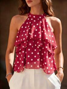 New Women's Medium Purple Polka Dot Halter Neck Chiffon Top, Multi-Layer Ruffle Casual Elegant Sleeveless Top, Festival, Beach Summer - Red Violet - View 4