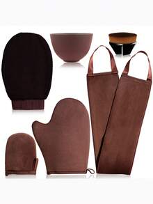 BS-MALL 5/6pcs Multi-Function Tanning Set, Even Application, Soft Touch, Beach Vacation Full Body Tanning Set, Self-Tanning Seamless Application Set, Face And Body Full Body Sun Protection Tanning Application Set Tools Gloves - Brown - View 8