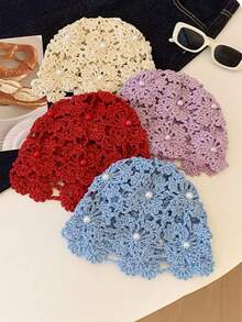 Gorro de mujer de moda hecho a mano con cuentas, pañuelo de cabeza de ganchillo calado de estilo vintage exótico para primavera/verano - Sombrero tejido - Ver 7